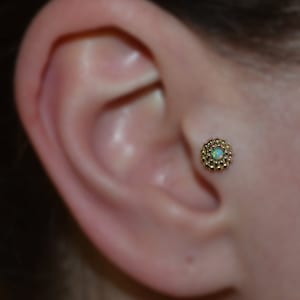 Kiwi Green Opal TRAGUS STUD // Tragus Earring Gold - Nose Ring Stud - Helix Jewelry - Cartilage Earring - Tragus Ring - Conch Piercing 16g