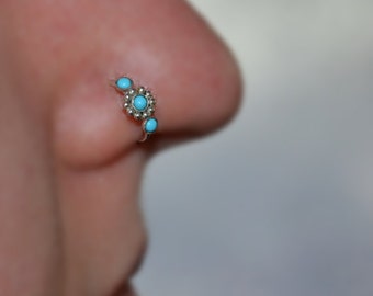 2mm Turquoise NOSE RING // Silver Flower Nose Hoop 20g - Cartilage Earring - Helix Piercing - Rook Piercing - Tragus Ring - Daith Piercing