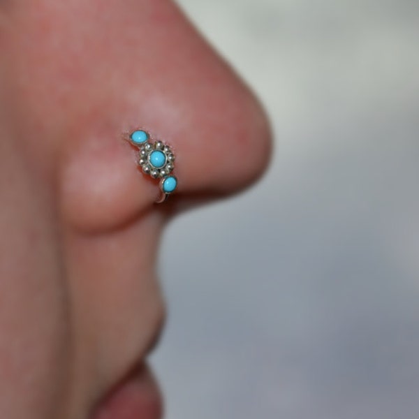 2mm Turquoise NOSE RING // Silver Flower Nose Hoop 20g - Cartilage Earring - Helix Piercing - Rook Piercing - Tragus Ring - Daith Piercing