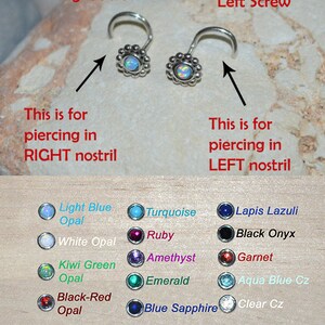 May include: Two silver nose rings with opal stones. The rings are shown from the side, with the screw on the right and left sides. A chart below shows different colored gemstones for nose rings.