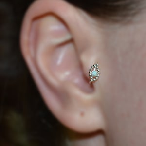 2mm Opal TRAGUS EARRING // Silver Nose Ring Hoop - Conch Piercing - Helix Earring - Cartilage Earring - Tragus Jewelry - Septum Ring 16g