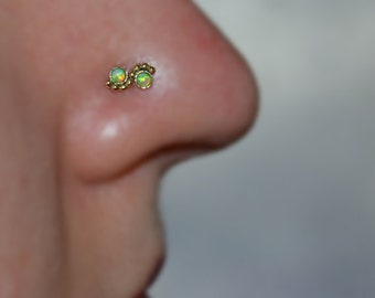 2mm Kiwi Green Opal NOSE STUD EARRING // Gold Nose Hoop - Tragus Stud Earring - Gold Nose Ring 20g - Cartilage Hoop - Helix Stud