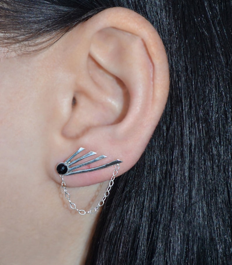 Ear Sweep Post Earrings Earcuff Minimalist Earring Onyx Ear Cuff 3mm Black Onyx EAR CLIMBER Silver Onyx Bar Stud
