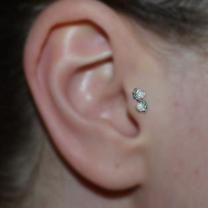 Silver TRAGUS EARRING STUD// 2mm White Opal Nose Stud 16 gauge - Nose Ring - Cartilage Stud - Helix Earring Stud - Tragus Hoop - Conch Stud