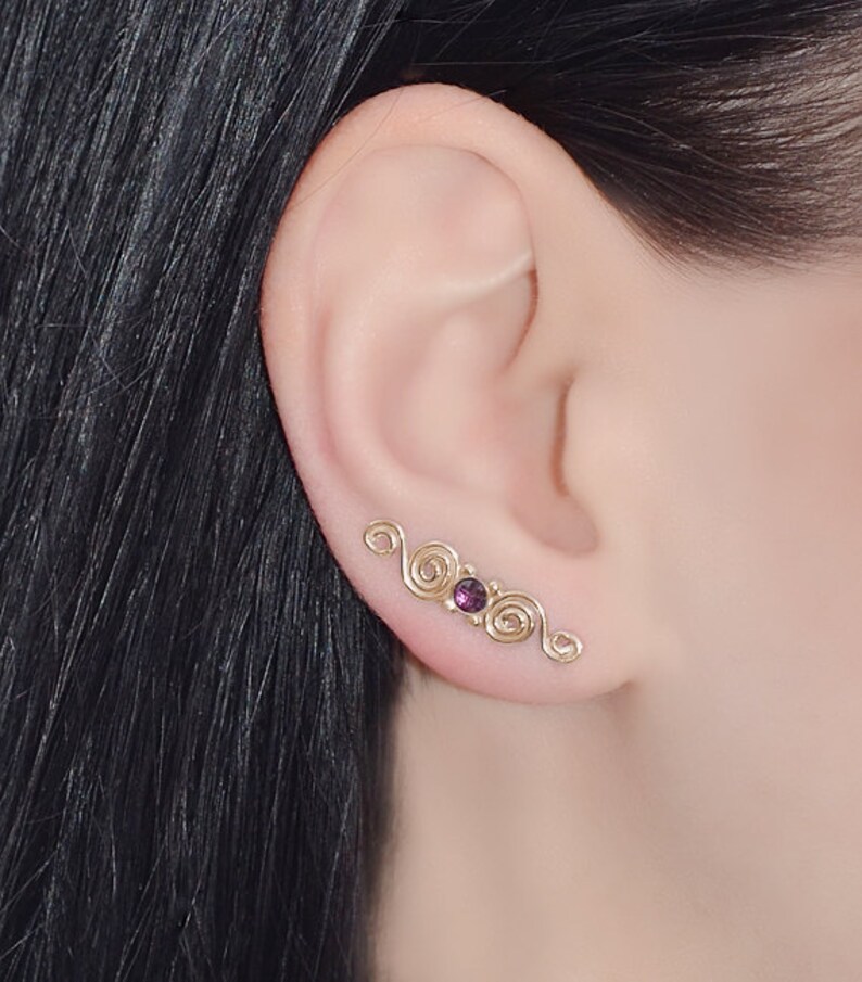 Wrap Earings Gold EAR CLIMBER 3mm Amethyst Amethyst Ear Pins Minimalist Earrings Earcuff Ear Vines Ear Sweep