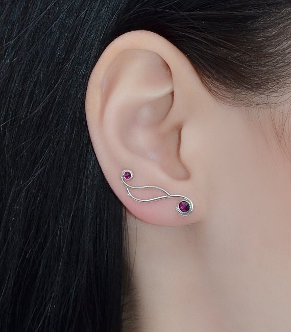 Silver EAR CLIMBER EARRING // Ruby Ear Cuff Ear Pins Etsy