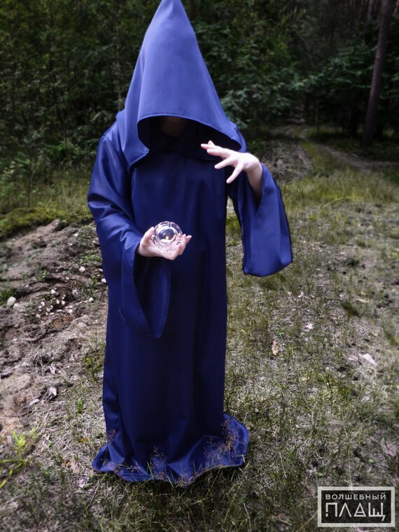 Satin sapphire tau robe dark blue hooded sleeved magic wizard Etsy