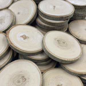 May include: A pile of round wooden slices, each with a natural wood grain pattern and a light brown color. The edges of the slices are slightly rough and have a greenish hue.