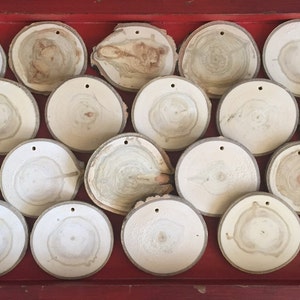 May include: A collection of 18 round wood slices with a natural wood grain pattern. The wood slices are painted white and have a hole drilled in the top for hanging.