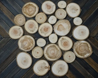 Juego de 25 rodajas de madera surtidas - Madera de álamo - Surtido de rodajas de árbol - Discos para manualidades - Rodajas de madera rústicas para bodas - Rodajas de madera en blanco