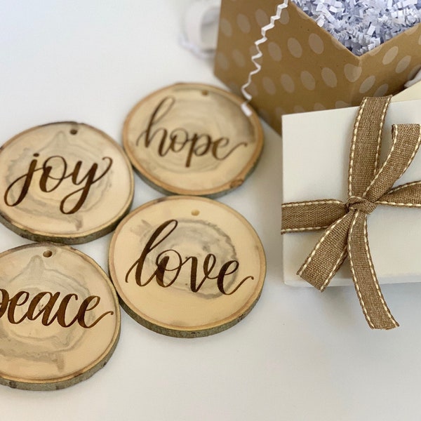 Set of 4 Hope Peace Love Joy Ornaments| Christmas Ornaments - Wood Slice Ornaments - Holiday Decor - Rustic Christmas - Hope-Peace-Love-Joy