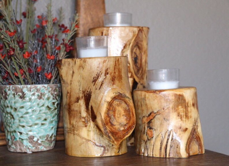 Set of 3 Aspen Wood Candle Holders Rustic Centerpiece Home Decor Table Centerpiece Wedding Decor Fireplace Mantel Rustic Decor image 4