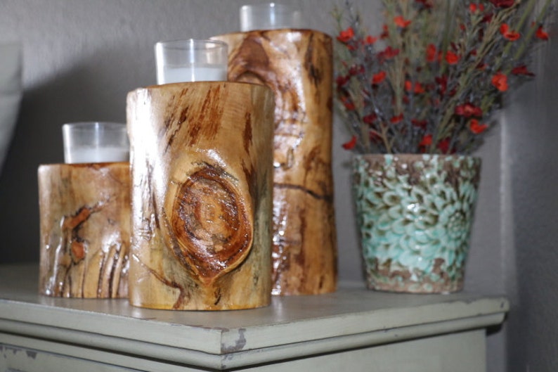 Set of 3 Aspen Wood Candle Holders Rustic Centerpiece Home Decor Table Centerpiece Wedding Decor Fireplace Mantel Rustic Decor image 5