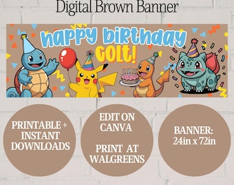 Banner marrón editable de feliz cumpleaños de Pokémon
