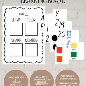 May include: A Honey Events learning board with a scalloped border, featuring sections for letter, color, shape, and number. Includes 75 printable pieces with letters, numbers, shapes, and colors. The board is 18 by 24 inches, available as a PDF download.