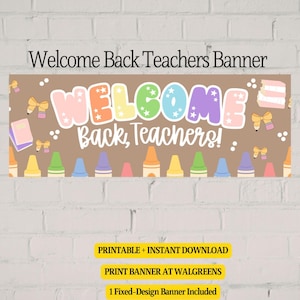 May include: A rectangular banner with a brown background featuring the text Welcome Back, Teachers! in large, colourful, star-patterned letters. The design includes illustrations of yellow bows, pencils, notebooks, and colourful crayons along the bottom edge.