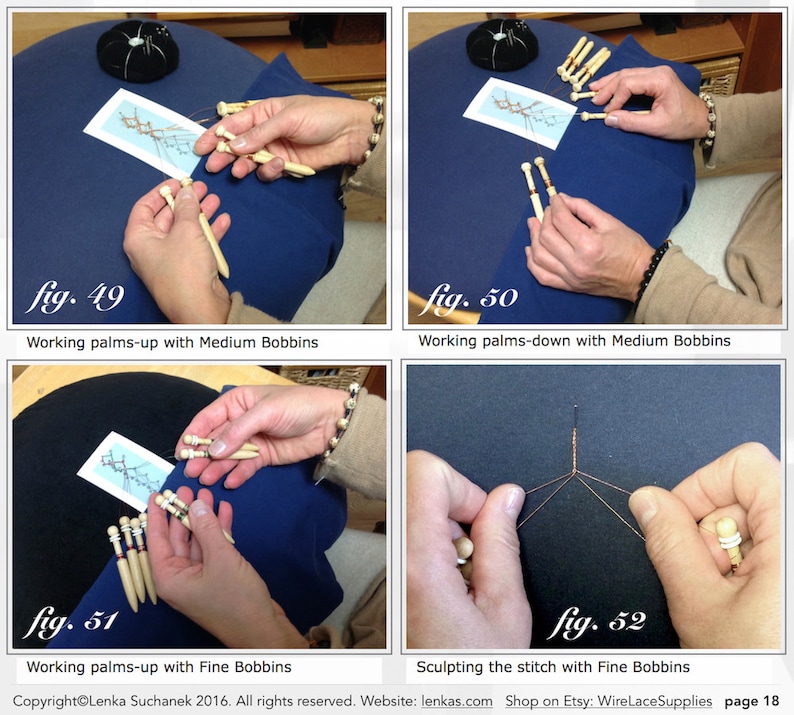 May include: Four images demonstrating bobbin lace making. Hands manipulate bobbins, needles, and thread. The images include text: "fig. 49", "Working palms-up with Medium Bobbins", "fig. 50", "Working palms-down with Medium Bobbins", "fig. 51", "Working palms-up with Fine Bobbins", "fig. 52", "Sculpting the stitch with Fine Bobbins".