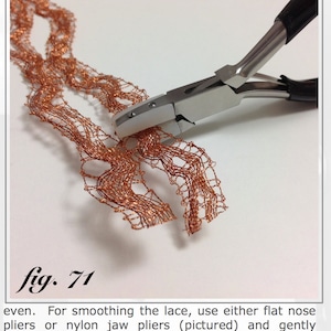 May include: A pair of pliers with black handles and a white jaw smoothing copper-coloured lace. The text "fig. 71" is in the lower left corner. The image is on a white background. The pliers are used to squeeze the rough spots.