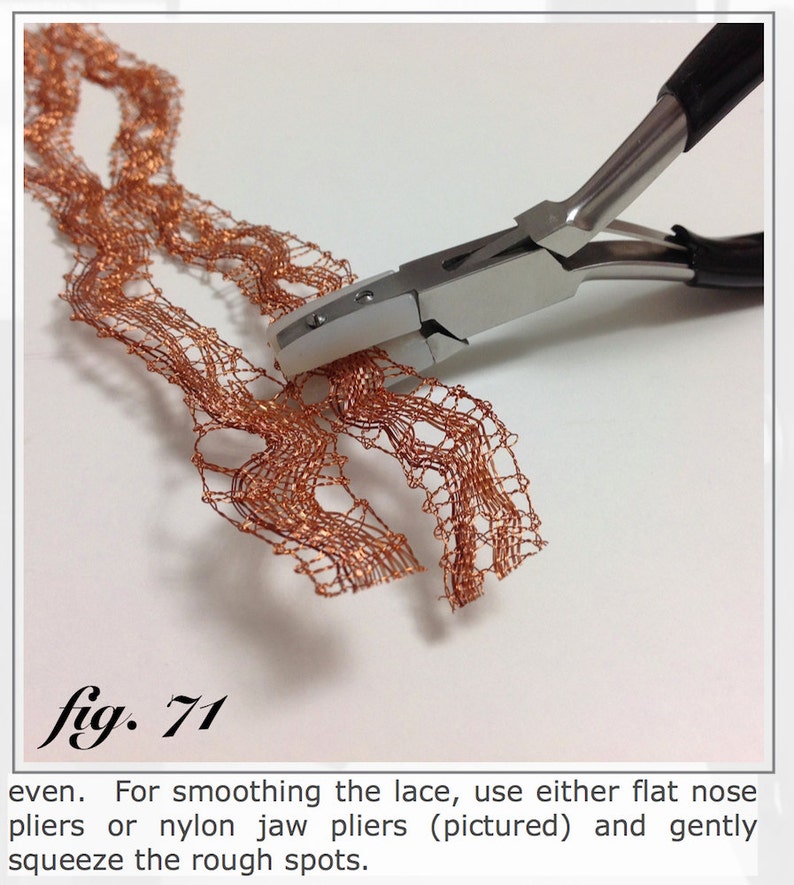 May include: A pair of pliers with black handles and a white jaw smoothing copper-coloured lace. The text "fig. 71" is in the lower left corner. The image is on a white background. The pliers are used to squeeze the rough spots.