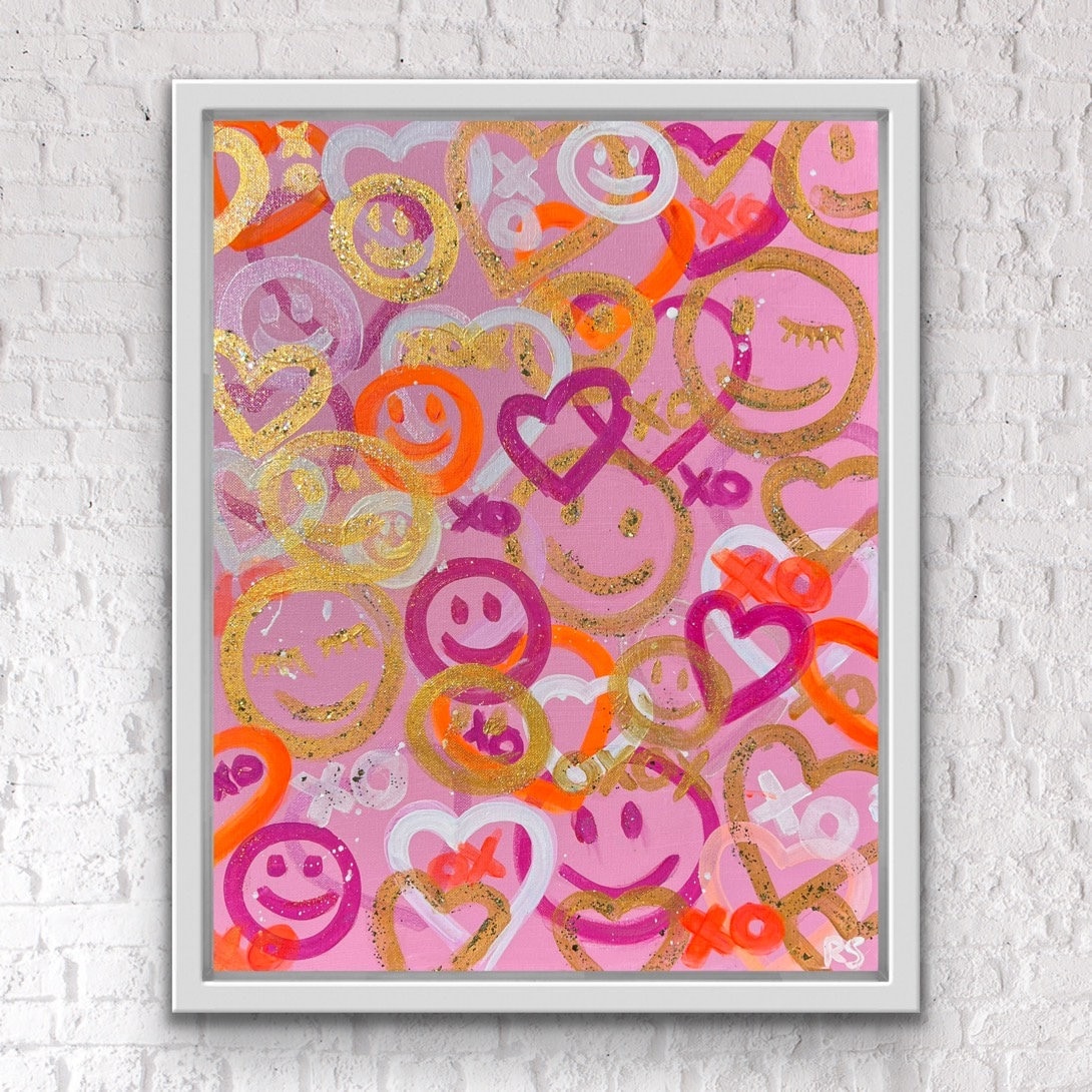 Glitter Hearts Painting: Original Pink \u0026 Gold Happy Face Art - Etsy, image size:1090x1090