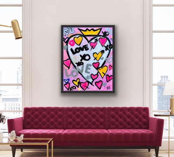 Trendy Graffiti Heart Art. Neon Hot Pink Pop Love Painting. 