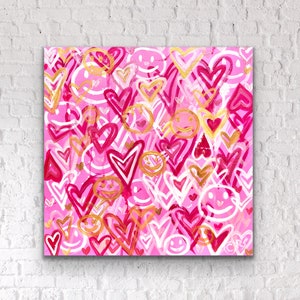 Gold / Hot Pink Heart Happy Face Painting. Preppy Love Pop - Etsy