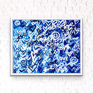 Blue Hearts Graffiti Art: Original Abstract Painting on Canvas (24x30)