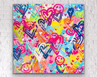 Preppy Love Heart Painting. Neon Happy Face Pop Art. Teen, Tween Girl, Trendy Bedroom Graffiti Canvas. Modern, Baby Nursery. Office Wall Art