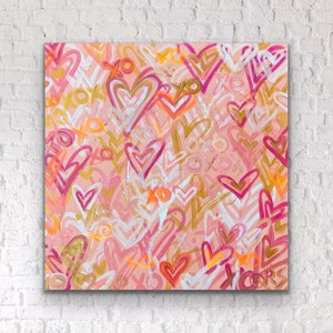 Blush Pink / Orange / Gold Love Pop Art. Preppy Hearts Teen Graffiti Painting. Girl College Dorm Room Decor. NurseryTrendy Fun Wall Canvas