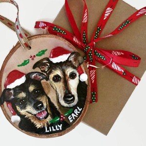 Custom Hand Painted Santa Hat Dog Portrait. Wood Slice Pet Ornament, Pet Parent Gift, Secret Santa, Cat Loss Ornament, Stocking Stuffer