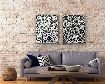 Two Abstract Graffiti Black & White Pop Canvas. Happy Faces Contemporary Modern Art. Trendy Teen Girl Dorm Bedroom Paintings, Office Decor