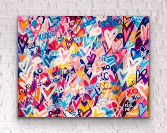 Drippy Hearts Graffiti Art: Colorful Love Painting on Canvas. Preppy Teen Girl Bedroom Decor. Nursery Room Canvas