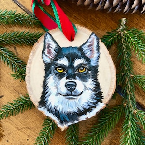 Dog Ornament. Custom Pet Dog Portrait Painting. Wood Slice. Siberian Husky Personalized Loss, Gift For Dog Dad, Dog Mom. Animal Cat Art