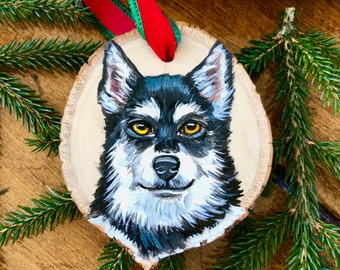 Custom Dog Portrait Wood Slice. Pet Ornament, Siberian Husky Personalized Loss Painting, Pet Parent Gift For Dad / Mom. Realistic Cat Art