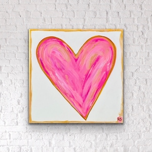 Gold & Hot Pink Heart Painting: Preppy Pop Art Canvas