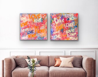 Set Of Two Preppy Pop Graffiti  Art. Neon Pink Hearts. XO Abstract Painting. Teen Girl Bedroom Dorm Decor. Office, Living Room Canvas