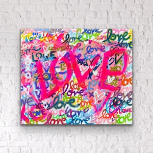 Preppy Love Heart Abstract Painting. Hot Neon Pink Trendy Graffiti Art. Funky Teen Girl Dorm Room Canvas. Contemporary Nursery Wall Decor