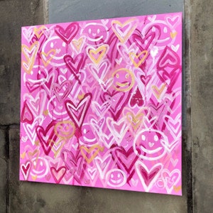 Gold / Hot Pink Heart Happy Face Painting. Preppy Love Pop Art. Teen Girl Funky Dorm Decor. Graffiti Modern Abstract. Nursery Wall Canvas