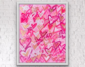 Hot Pink & Gold Preppy Hearts Abstract Painting. Modern Graffiti Art. Teen Tween Girl Love Art. Dorm Bedroom Decor. Baby Nursery Pop Canvas