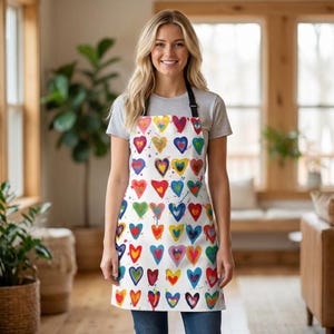 May include: White apron with a colourful heart pattern. The apron features a repeating design of watercolour-style hearts in various colours, including red, yellow, blue, and green, with paint splatter accents. It has a black neck strap.