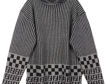 Fendi Vintage Grey Ribbed Turtleneck Logo Pullover Sweater