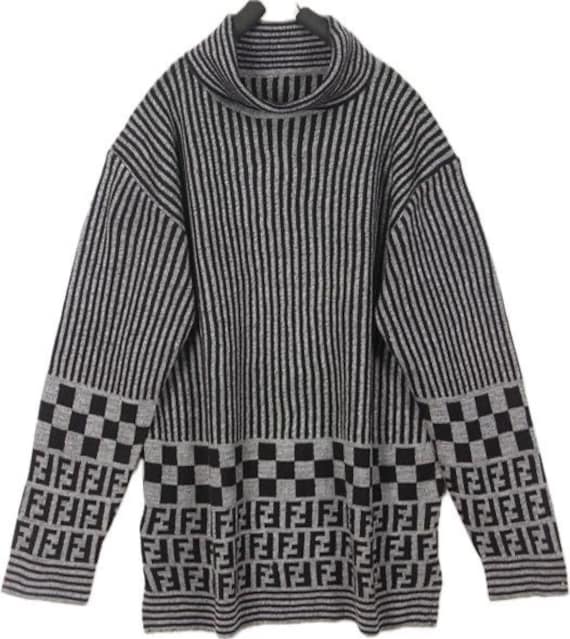 Fendi Vintage Grey Ribbed Turtleneck Logo Pullover