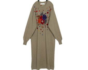 80's vintage Flowers embroidery Khaki long wool dress