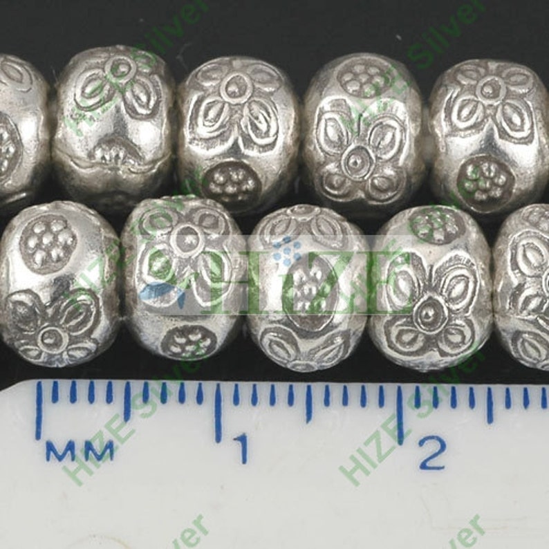 10 HIZE SB311 Thai Karen Hill Tribe Silver Flower Large Rotund Rondelle Beads 9mm