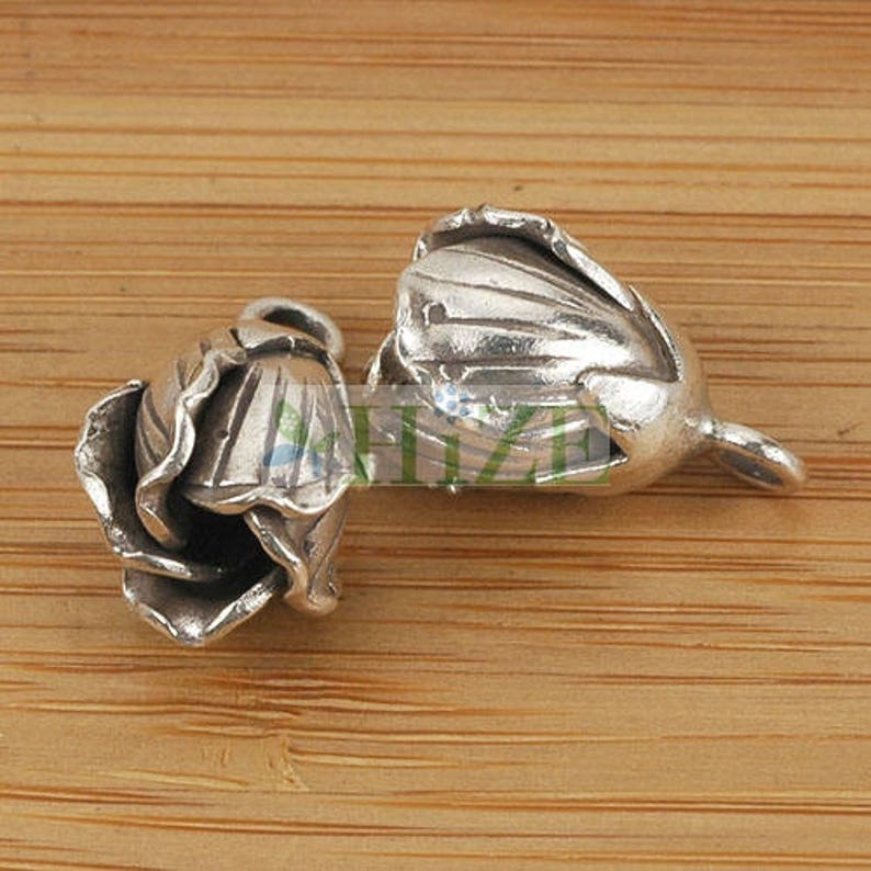 HIZE SF214 Thai Karen Hill Tribe Silver Budding Rose Flower Dangle Charms 12mm 2
