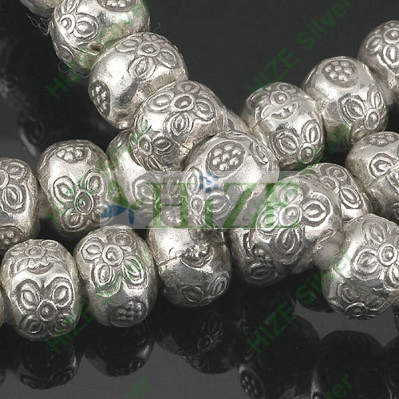 10 HIZE SB311 Thai Karen Hill Tribe Silver Flower Large Rotund Rondelle Beads 9mm