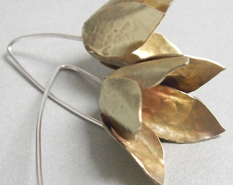 Brass Flower Dangle Earrings: Handmade Silver Stem Statement Jewelry