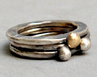 Sterling silver oxidised stack rings with silver and 18k gold granule
