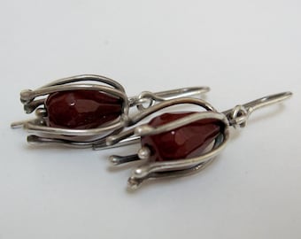 Faceted ruby sterling silver dangle earrings, red gemstone earrings, handmade silver earrings, minimal flower bud earrings