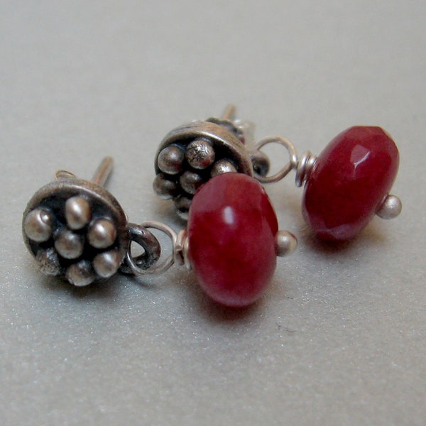 Ruby silver granules stud earrings